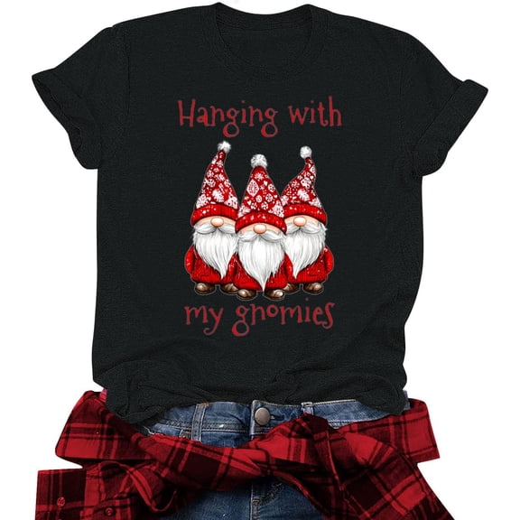 Fartey Funny Graphic Tees for Women 2025 Summer Short Sleeve Crew Neck T Shirts Fashion Christmas Gnomies Print Tops Soft Comfy Holiday Blouses Black L