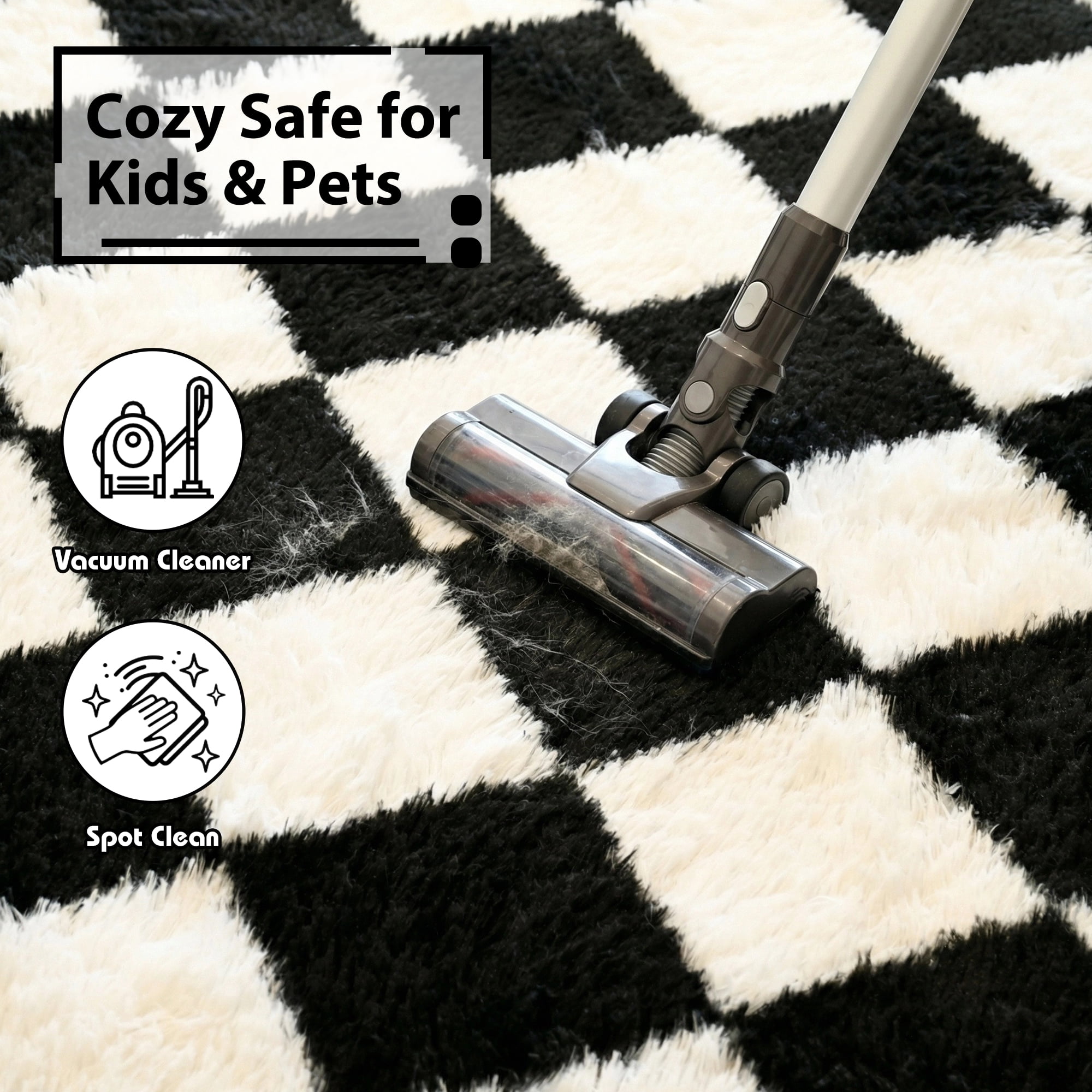Pentantan 5’x 8’ Shag Area Rugs, Soft Fluffy Modern Checkered Indoor Carpet for Living Room Bedroom, Black & White