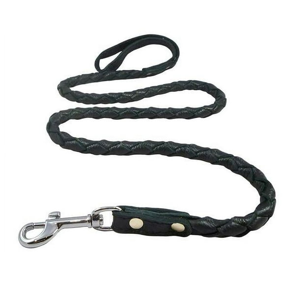 4-thong Round Fully Braided Genuine Leather Dog Leash, 4 Ft x 5/8" (15mm) Black, Medium Breeds