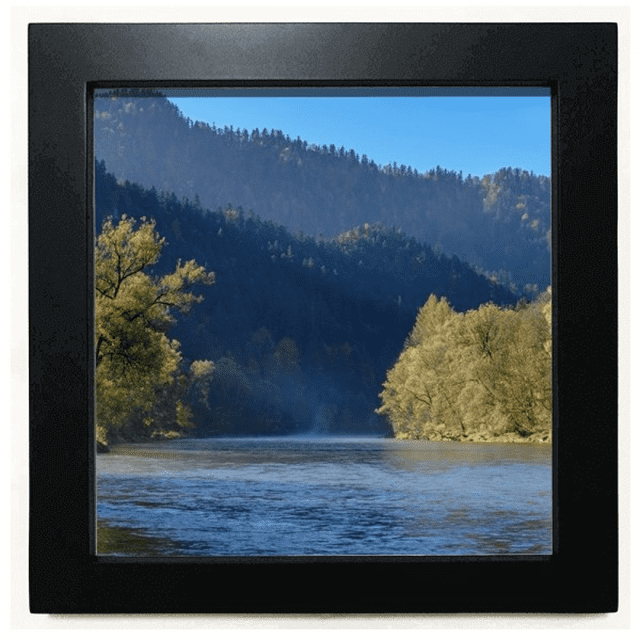 Rivière Montagne Colline Forêt Réflexion Eau Noir Carré Cadre Photo Mur Table