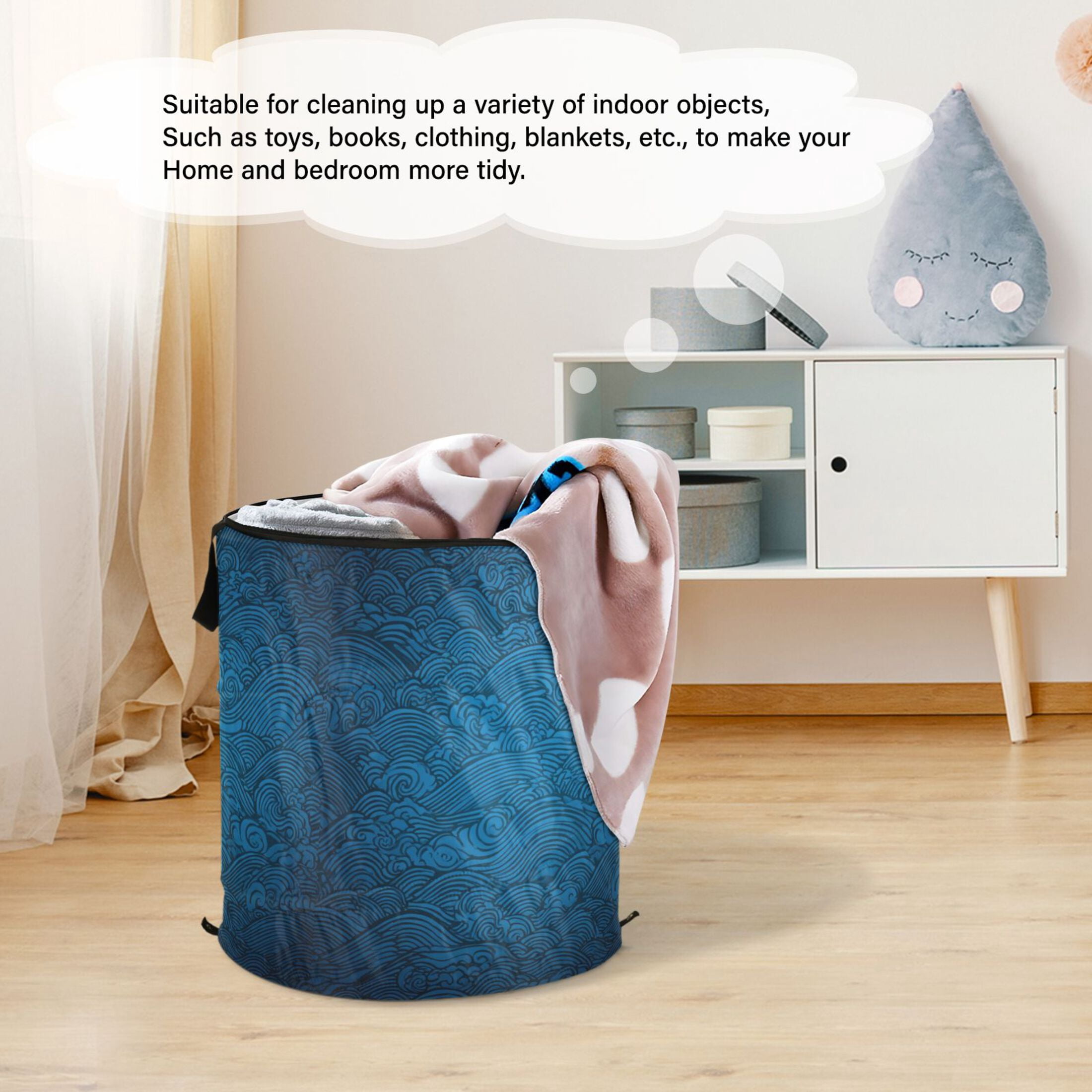 50L Extra Large Popup Hamper Collapsible Laundry Basket With Zippered Lid 15.7x18.5in Water Waves in Deep Blue