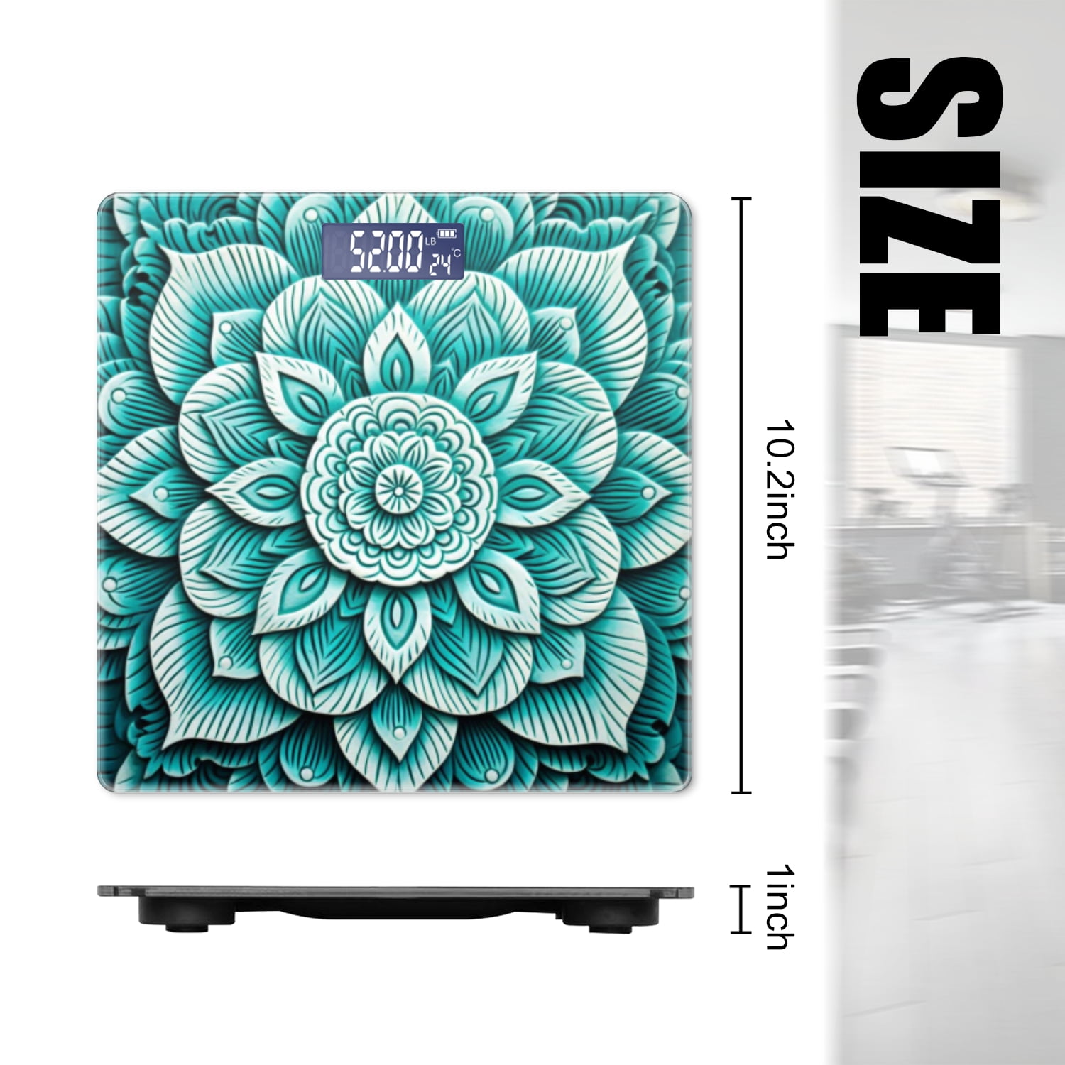 High Precision Body Weight Scale Smart Bathroom Scales with Large LCD Display(400lbs),Decorative for Bedroom-Beautiful Teal Lotus Mandala In The Style Of Wood Carving