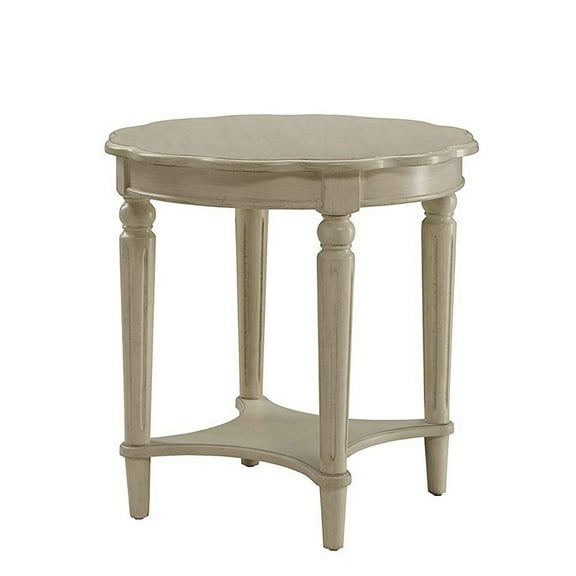 Benjara Fordon Round End Table, Scalloped Top, Antique White-Color:Antique White