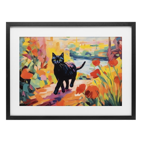 Stupell Industries Modern Sunlit Black Cat in Garden Black Framed Print Under Glass, 20 x 14, by Creative Studio