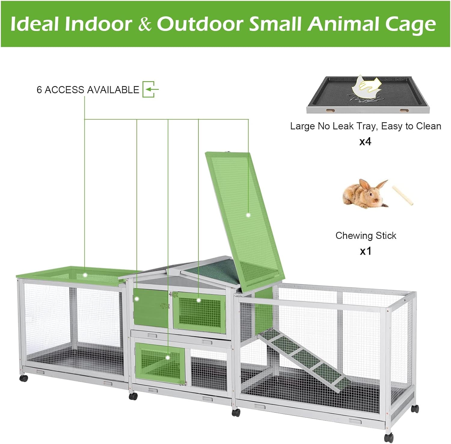 AECOJOY Rabbit Cage Guinea Pig Cage With 8 Wheels 94.5'' Wooden Bunny Cage Hutch with Removable Tray & Anti-Slip Ramp