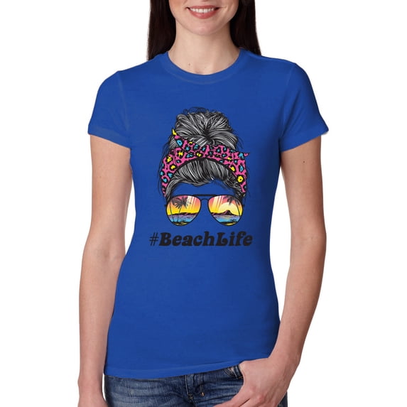 Messy Bun BeachLife | Cool Neon Leopard Print Bandana | Sunglasses Vaction Beach Paradise Fashion Womens Slim Fit Junior Tee, Royal, S