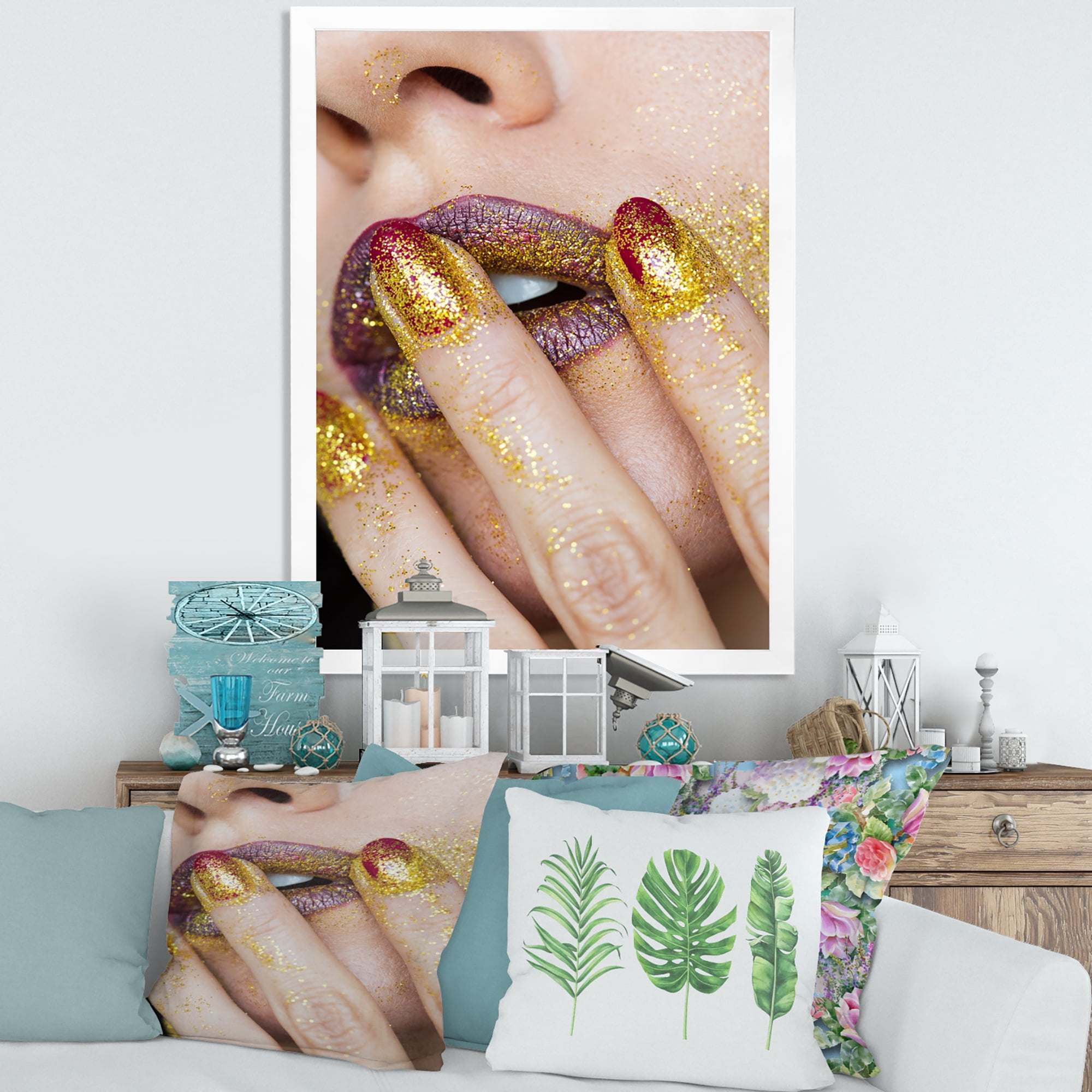 Designart 'Close-Up Of Woman Golden Gold Glitter Lipstick' Modern Framed Art Print