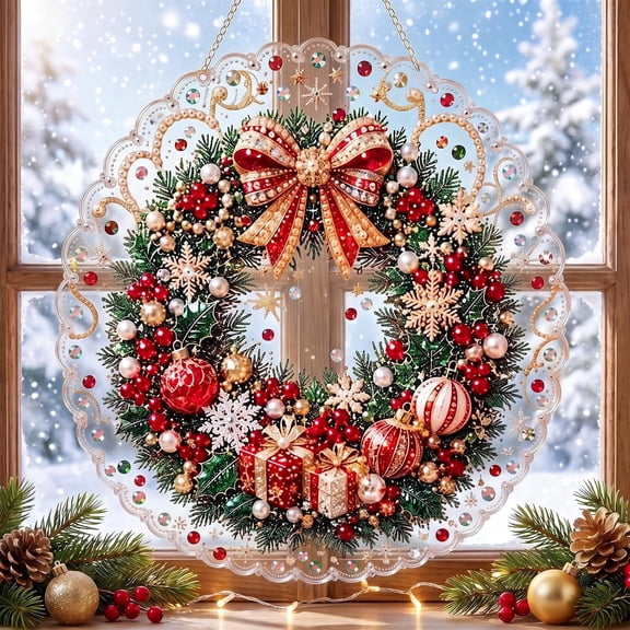 Mutrain Christmas Wreath Hanging Decoration, Round Ornament Wreath with Bow Baubles Snowflakes and Chain, Front Door Wall Window Decor