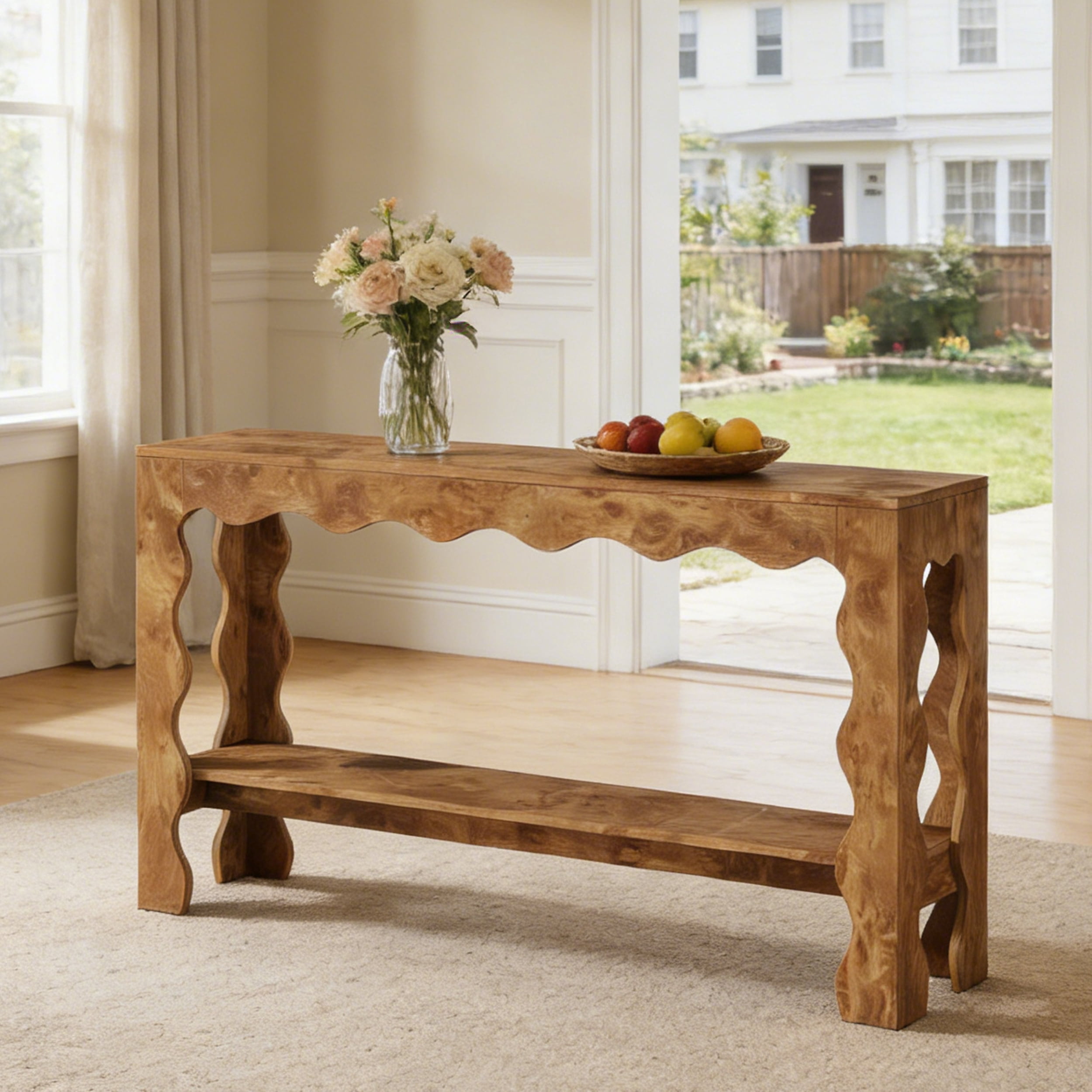 Fnova 63" Farmhouse Console Table with 2-Tier Storage Shelf, Scallop Design Entryway Table, Narrow Sofa Table for Living Room, Hallway, Foyer
