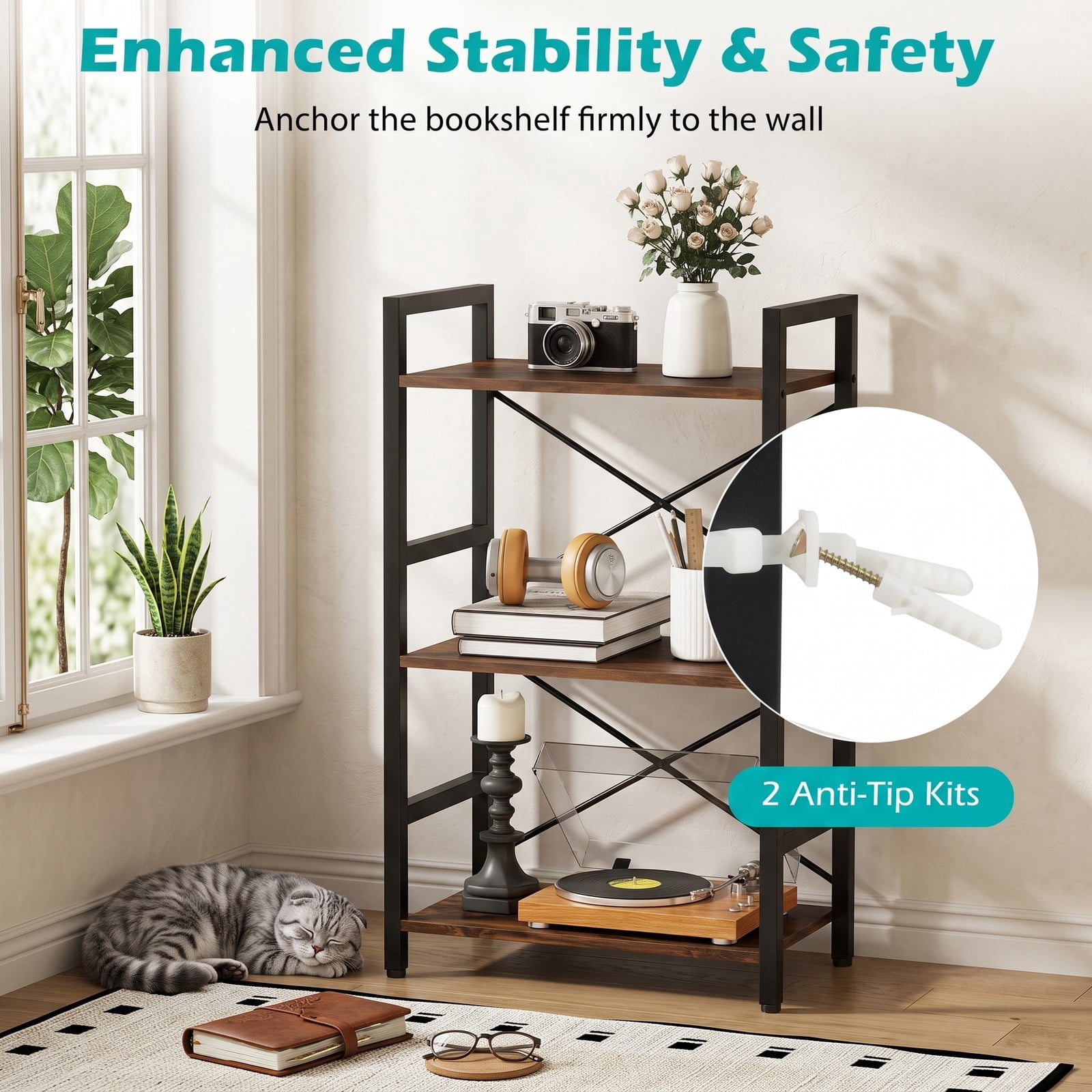 Furnibear 4-Tier Bookshelf with Sturdy Metal Frame, Freestanding Wood Storage Rack Display Shelf Organizer with Anti-Tip Kit for Study Home Office Living, Rustic Brown