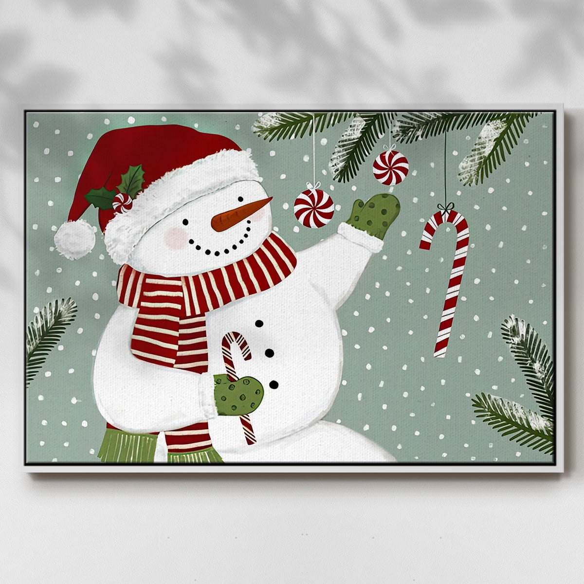 Peppermint Snowman Collection A - Framed Gallery Wrapped Holiday Canvas - 27 x 41 - White Frame