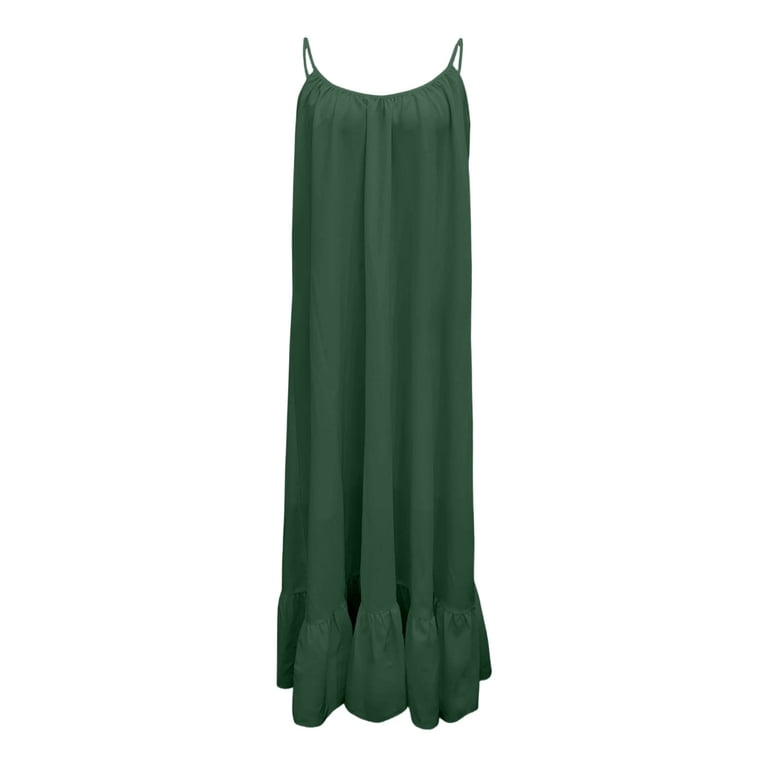 Women's Loose V-Neck Suspender Style Dress with Pleats and Ruffle Hem, Casual Bandage Midi Dress for Daily Wear, Office, and Vacation, Flowy