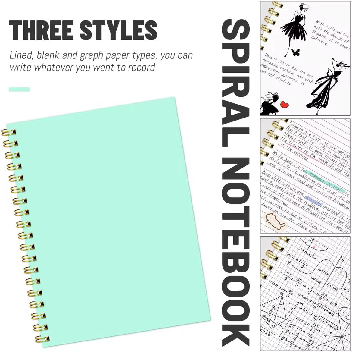 4pc Mint Green B5 Graph Spiral Notebook Set, 7.48" x 10.18" Grid Journal, 5mm Square Paper 100GSM