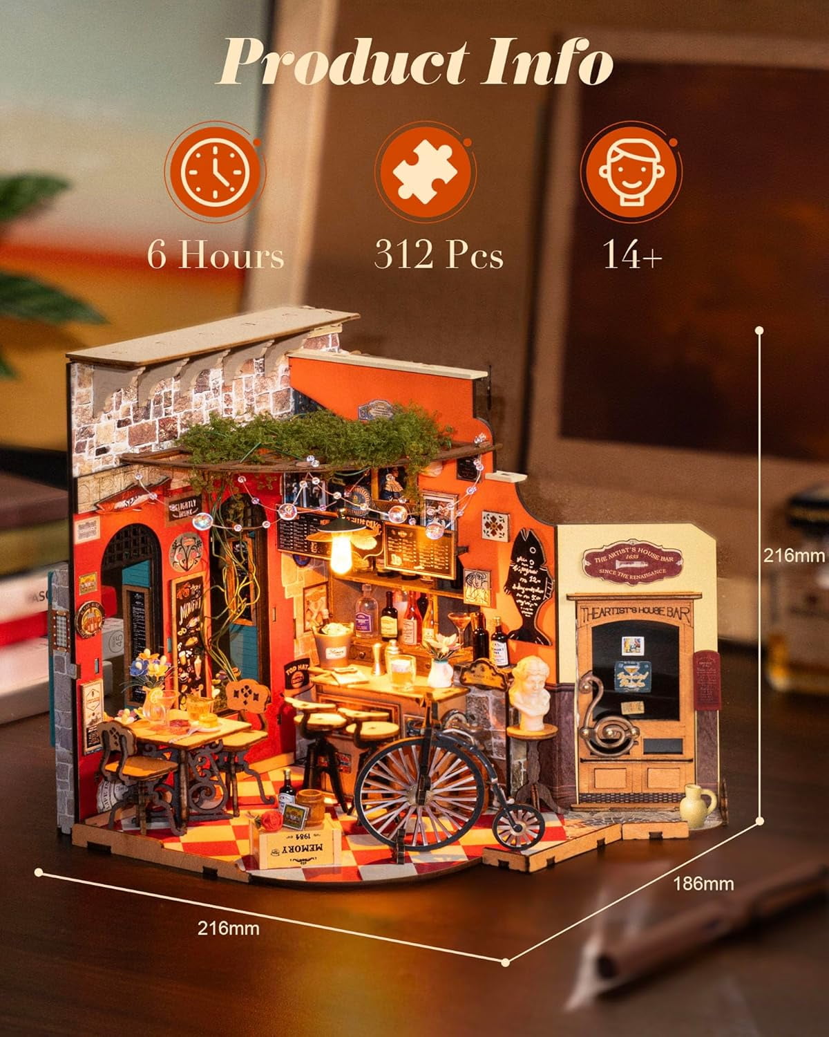 ROBOTIME Cheers Bar DIY Miniature House Kit,Mini Wooden Dollhouse Craft Kits,Tiny Home Model Building Sets for Desk Decor,Xmas Gifts for Adults Teens
