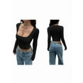 thumbnail image 3 of Women Long Sleeve Square Neck Crop Top Ribbed Slim Fitted Going Out Y2K Tops Casual Basic Shirts Tee Black L, 3 of 7