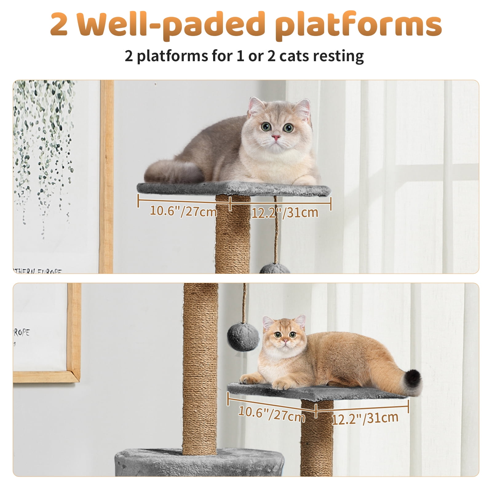 BeauGift Cat Tree with Large Hammock, Multi-Level Cat Tower for Indoor Cats, Cat Condo with Sisal-Covered Scratching Posts and Top Perch, Light Gray 52 Inch