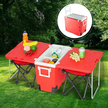 Clearance! Rolling Cooler Picnic Table and Chairs, 2020 Upgraded Camping Coolers Table with Fishing Stool, Roll Up for Outdoor Picnic, Camp, Beach, 28 L Cooler/Warm for Short trip, Red,