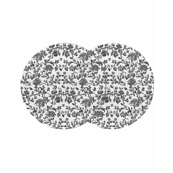 Black Flower Round Placemats Set of 2 for Dinning Tables,Heat-proof Braided Table Mats 15 Inch,Vintage Farmhouse Boho Leaf Spring Plant Washable Place Mat for Kitchen Restaurant Party Table Decor