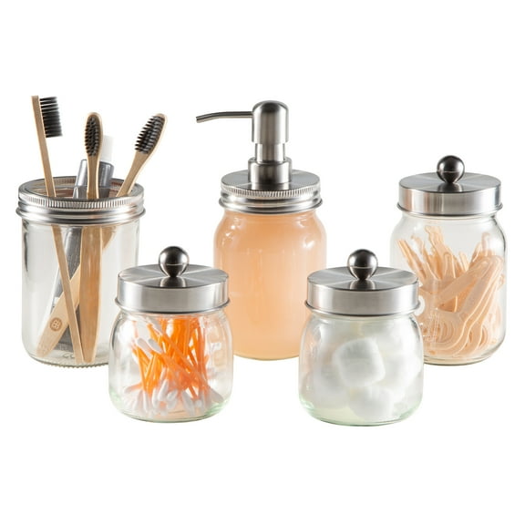 Home-Complete 5-Piece Mason Jar Bathroom Accessories Set with Lids, Silver