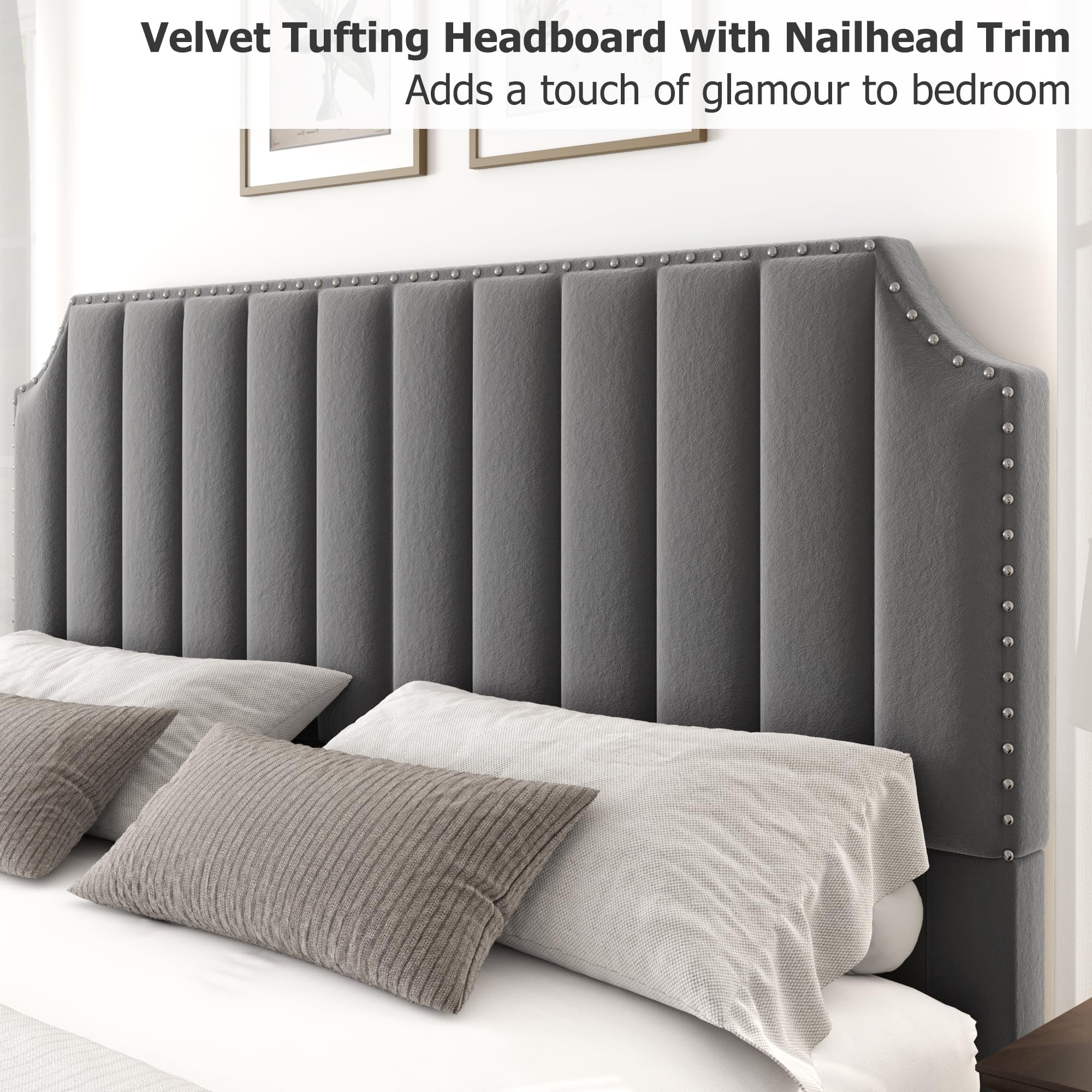 King Size Velvet Upholstered Platform Bed Frame with 50.2" Tufted Headboard & Nailhead Trim – No Box Spring Required