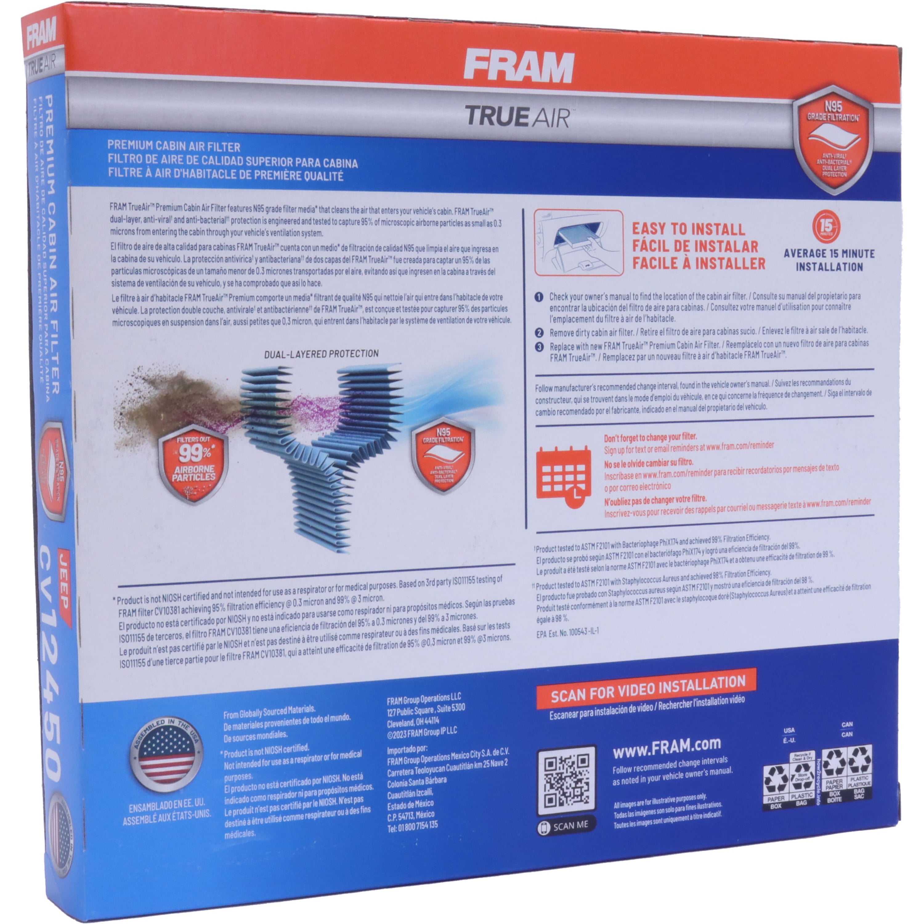 FRAM TrueAir Cabin Filter CV12450, with N95 Grade Filter Media