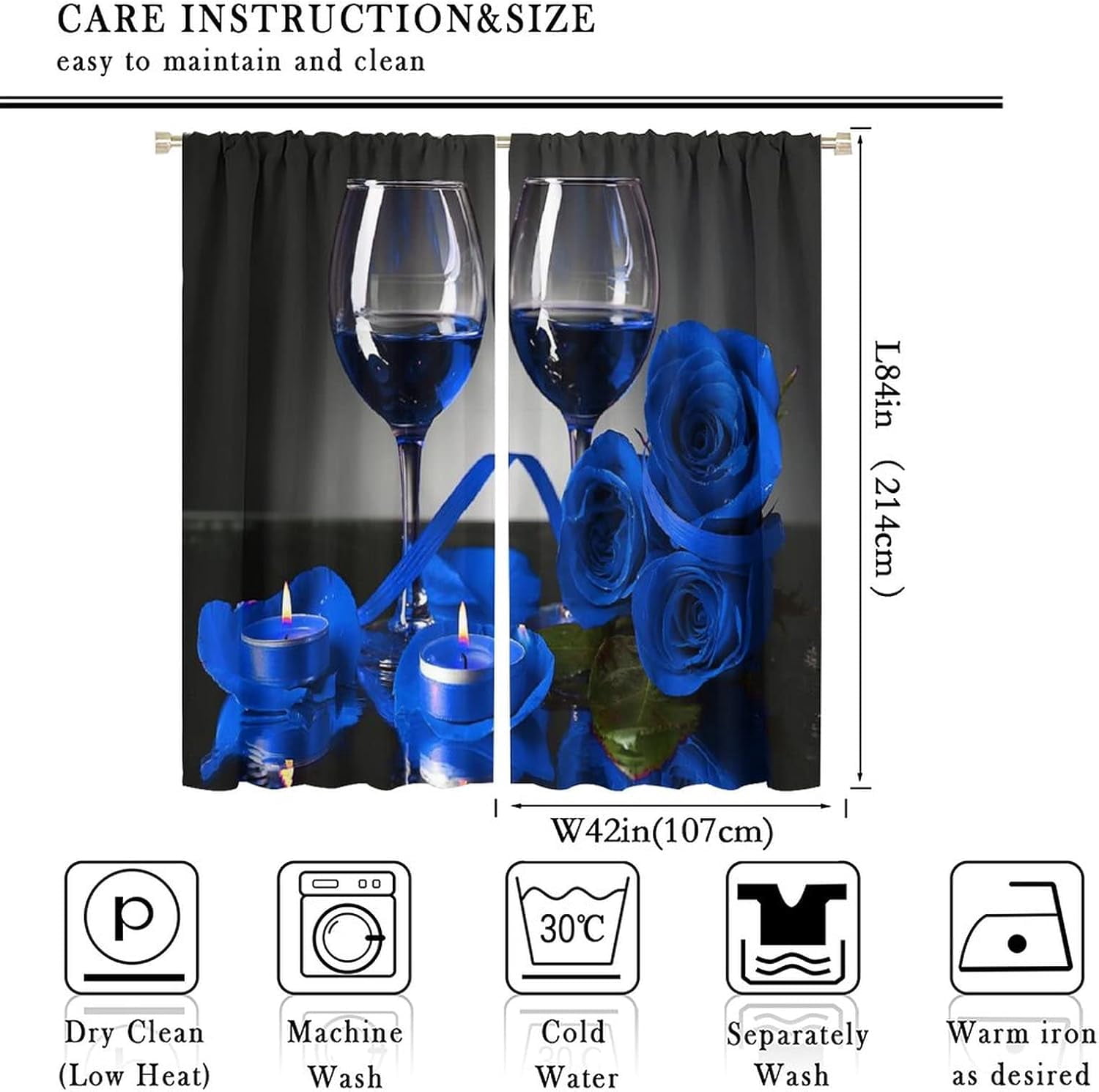 Blue Rose Wine Curtains Romantic 3D Rose Wine Glass Blossom Floral Flower Petals Valentines Curtain with Rod Pocket for Bedroom Living Room Drapes Window Treatments 2 Panels Set 84x84in