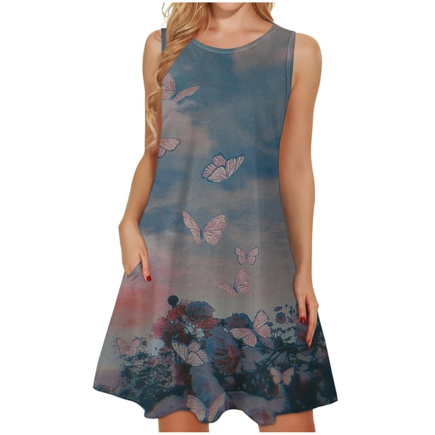 Mujeres verano casual sin mangas cuello redondo gradiente impreso bolsillo manga vestidos vestido suelto OAVQHLG3B Store lin121212