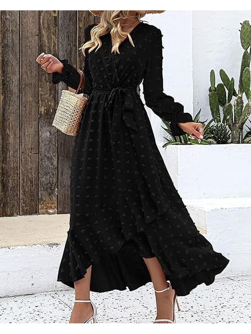 FreshPretty Womens Boho Cocktail Maxi Dress Fall Fashion V Neck Long Sleeve  Swiss Dot Flowy Slit Wedding Guest Dresses - Walmart.com