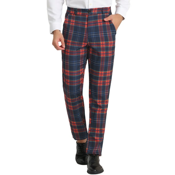Pantalones a cuadros para hombre, informales, de corte regular, con frente plano, elásticos, a cuadros rojo marino S