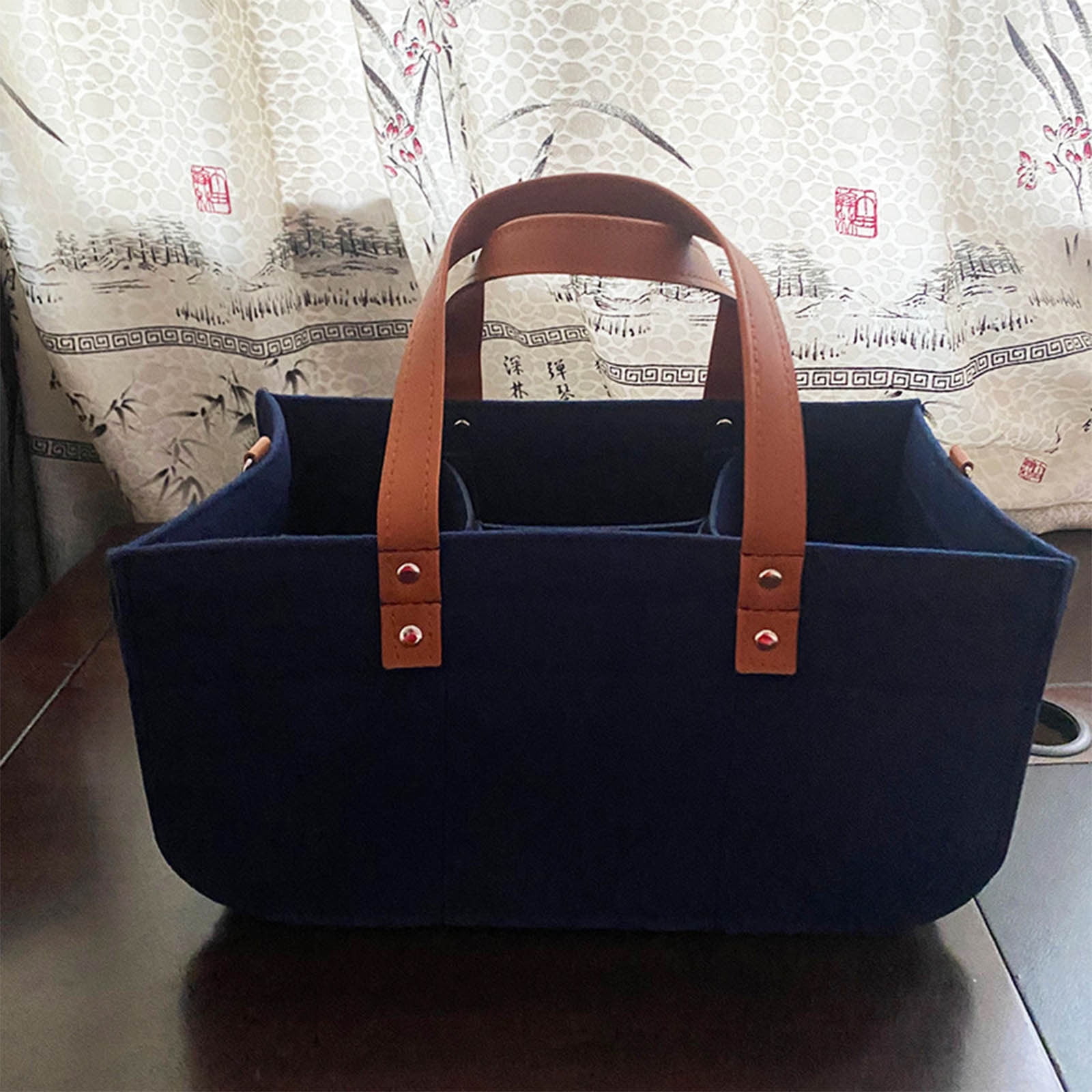 Weloille Felt Diaper Bag 33x15x18cm Foldable Storage Organizer, Gray with Brown Leather Handle, Portable Multifunctional Changing Station for Baby Care Essentials and Breast Pump Accessories