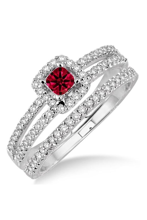 Extraordinary Fantastic Mind Blowing Moissanite Diamond 3 Carat Red Ruby Princess Cut Bridal Set Two Row Halo on 10k Yellow Gold