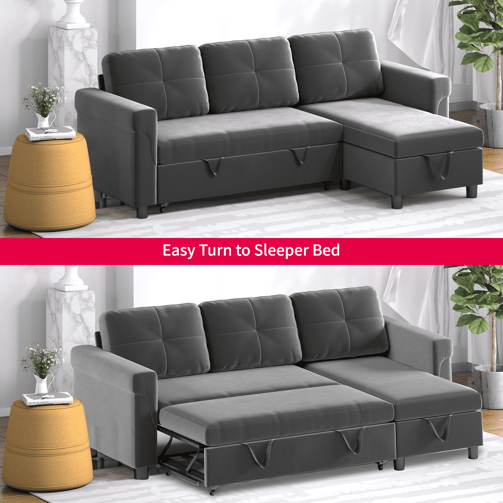 MUZZ Reversible Pull Out Sofa Couch, Sectional Sofa with Storage Chaise 3-Seat L-Shaped Sleeper Sofa, Ideal for Living Room, Apartment and Office etc. (Dark Grey)