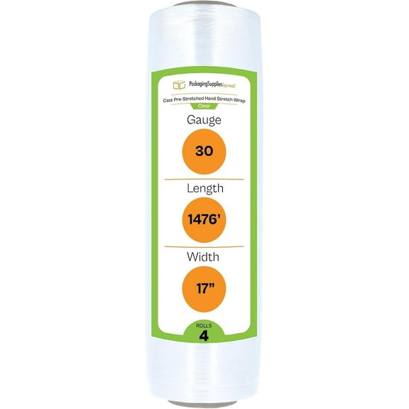 PSBM Cast Hand Pre-Stretch Wrap 17" x 1476 Feet 4 Rolls 30 Gauge Plastic Clear Shrink Film for Moving Packing