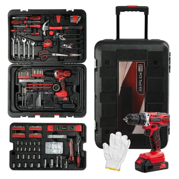 GVN 599 PCS Home Tool Set Kit, Auto Repair Tool Kit with Rolling Tool Box, Mechanic Tool Sets with 21V Max Cordless Power Drill