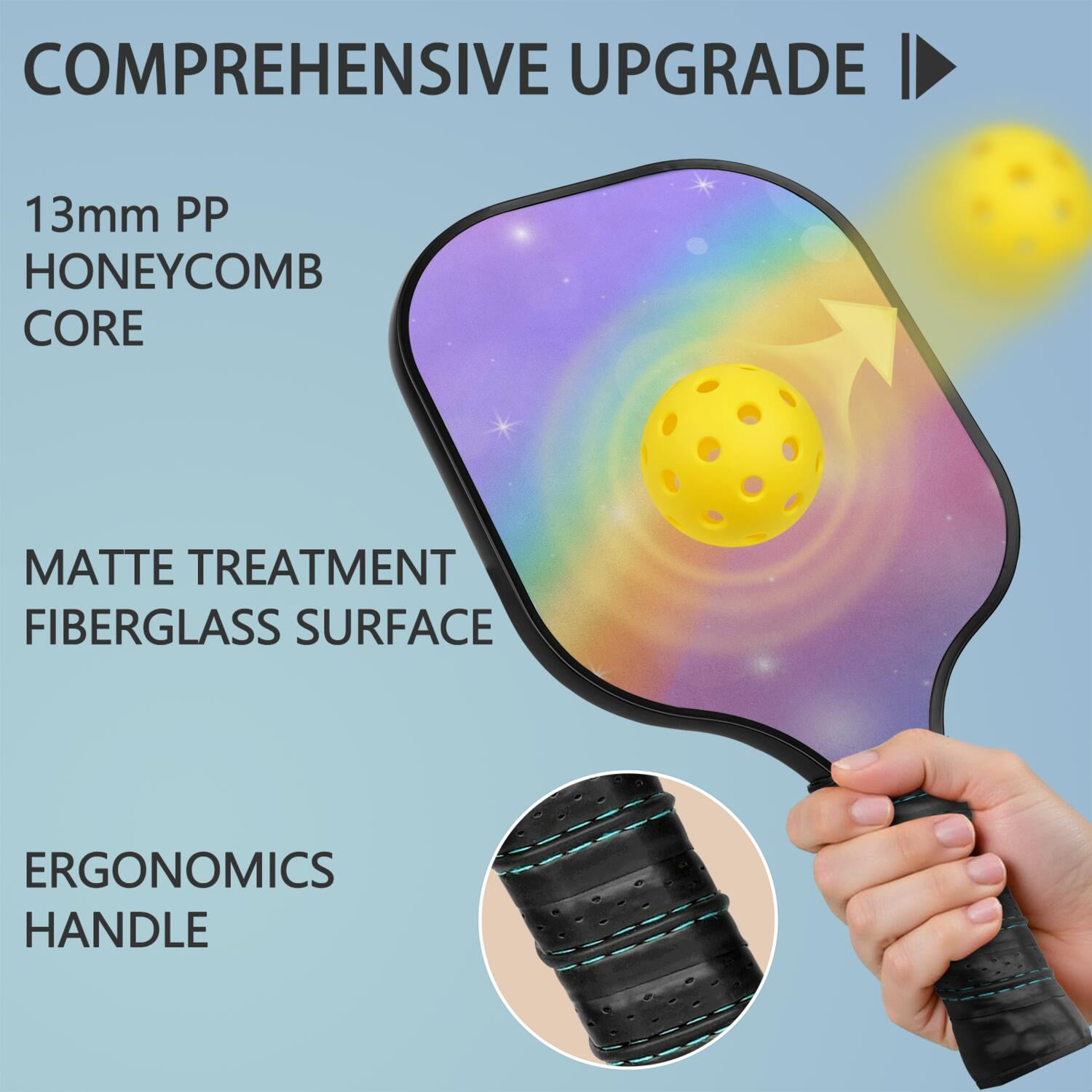 Pickleball Paddles Set Of 1, Fiberglass Surface, Vibrant Rainbow Print, 1 Paddle, 2 Balls & Bag