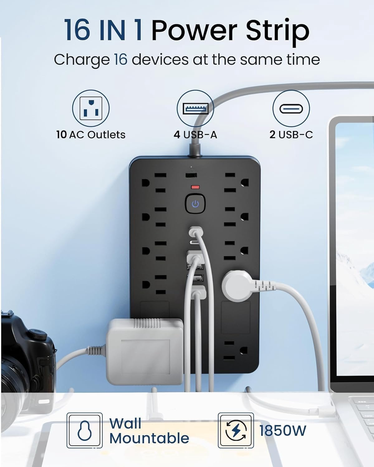 Surge Protector Power Strip,10 Outlets(1850W/15A/14AWG) with 6 USB Ports (2 USB C), 6  Extension Cord wall Mount Power Strip, ETL Listed for , Dorm Room