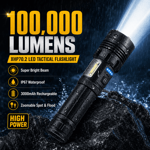 Doulami Flashlight 100000 Lumens, Rechargeable Flashlight, XHP70.2 LED, 3000mAh Battery, IP67 Waterproof, Zoomable Powerful Torch for Hiking Camping