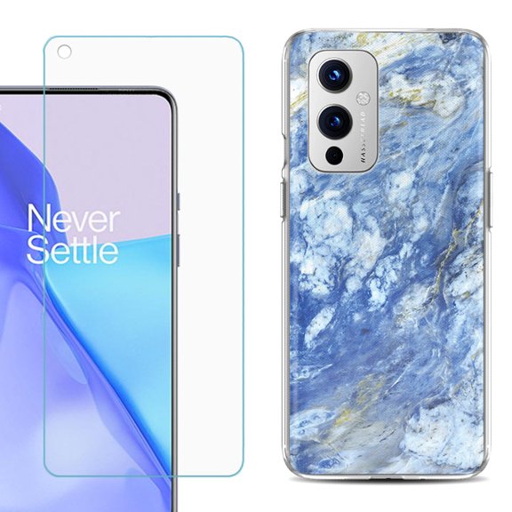 Slim-Fit TPU Phone Case Compatible with OnePlus 9 5G, with Tempered Glass Screen Protector, by OneToughShield ® - Marble / Gem Blue