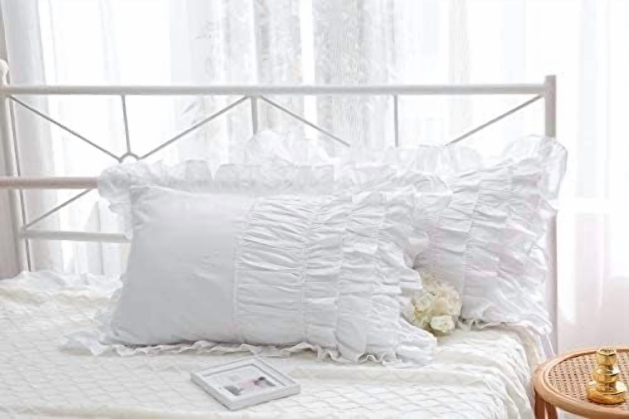White Shabby Chic Pillow Shams Pillowcases with Ruffles Queen Size Cotton Pillow Covers 20"X30" 2pcs French Country Boudoir Luxury Princess