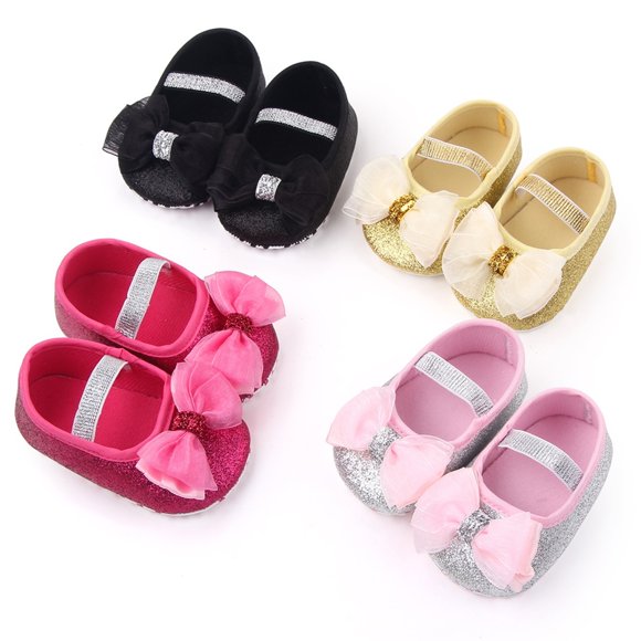 Baby Girls Mary Jane Flats, Glitter Bowknot Princess Dress Shoes No-Slip First Walkers