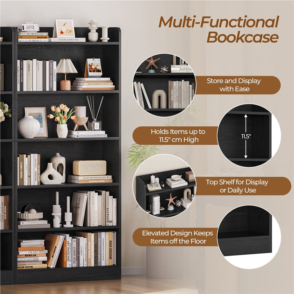 Renwick Wooden 6 Layer Modern Open Shelf Bookcase with Top Compartment, Black