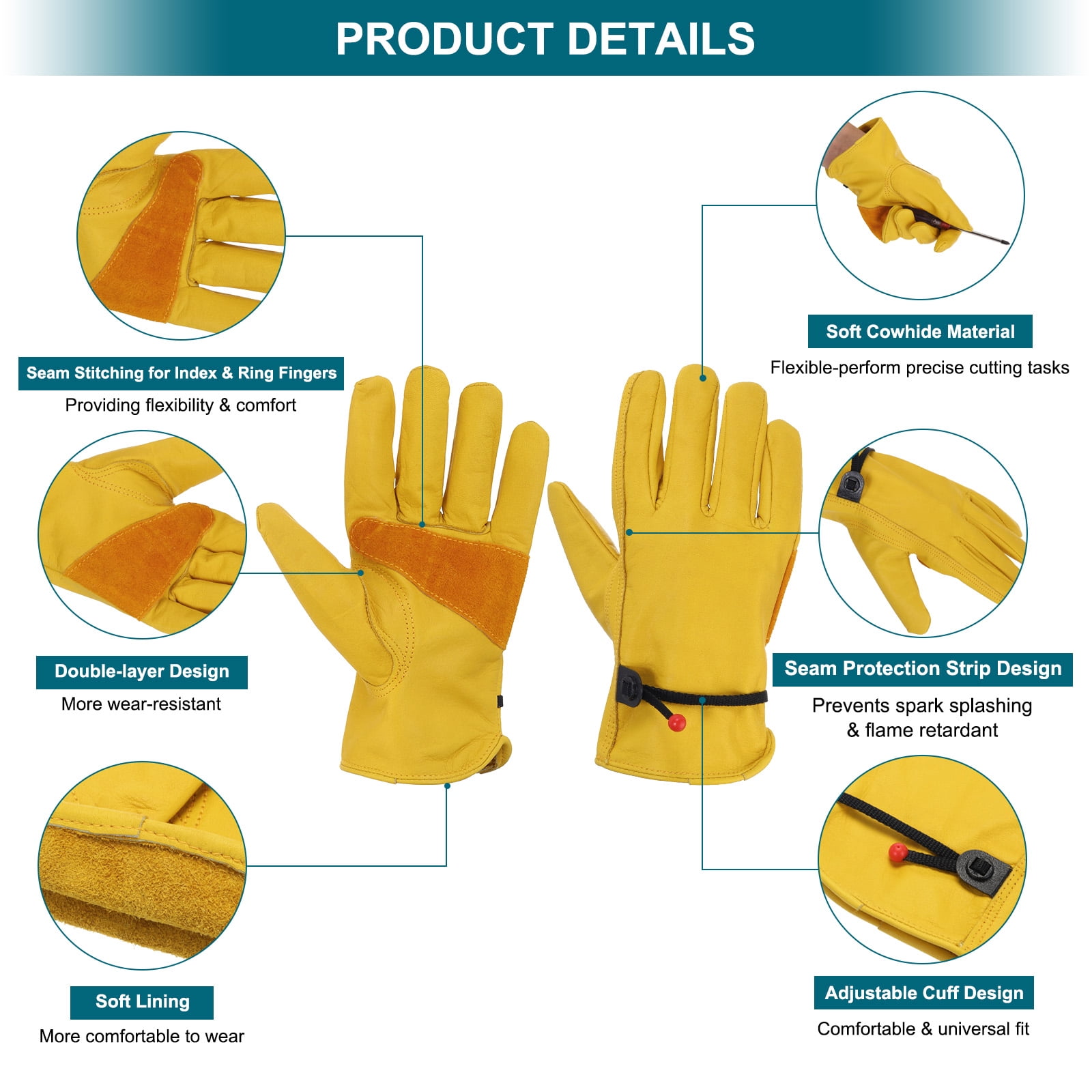 Uxcell Leather Work Gloves, Adjustable Cowhide Working Gloves, Yellow-S, 2 Pairs
