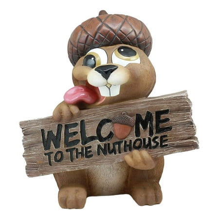 Ebros Gift Large Crazy Squirrel with Acorn Hat Welcome to The Nuthouse Guest Greeter Statue Whimsical Woodlands Funny Animal Decor Figurine