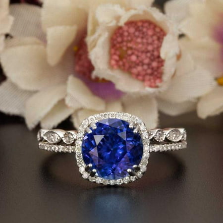 Sapphire Round Single - Art Deco 1.5 Carat Round Cut Real Sapphire and Diamond Bridal Wedding Ring Set with Engagement Ring and Wedding Band in 18k Gold Over Silver