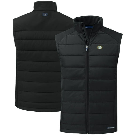 Men's Cutter & Buck Black Green Bay Packers Primary Mark Evoke PrimaLoft Hybrid Eco Softshell Recycled Full-Zip Vest
