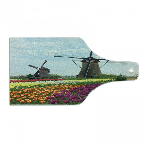 Windmill Cutting Board, Bedding Plants of Netherlands Farm Country Heritage Historical Architecture Theme, Tempered Glass Cutting and Serving Board, Wine Bottle Shape, Multicolor, by Ambesonne