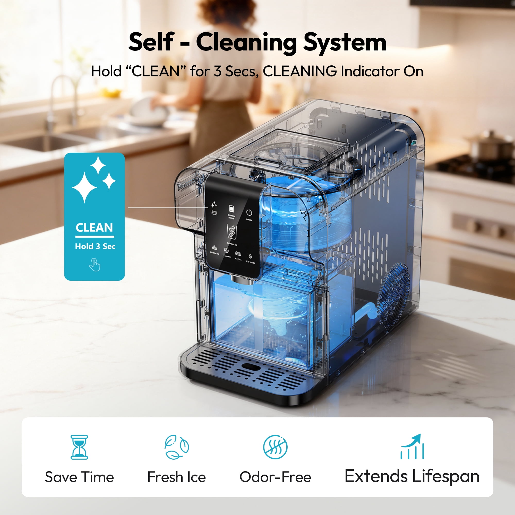 Simzlife Countertop Nugget Ice Maker & Water Dispenser, 30LBS/24H, 2-in-1 Soft Chewable Ice Machine with One-Touch Automatic Ice Dispensing, Self-Cleaning, for Home & Office
