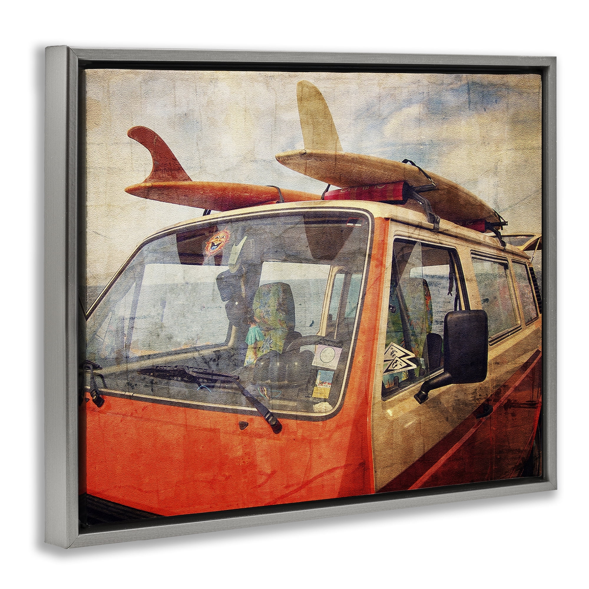 Stupell Industries Surf Bus Vintage Distressed Gray Framed Floater Canvas Wall Art, design by Grotto Studios