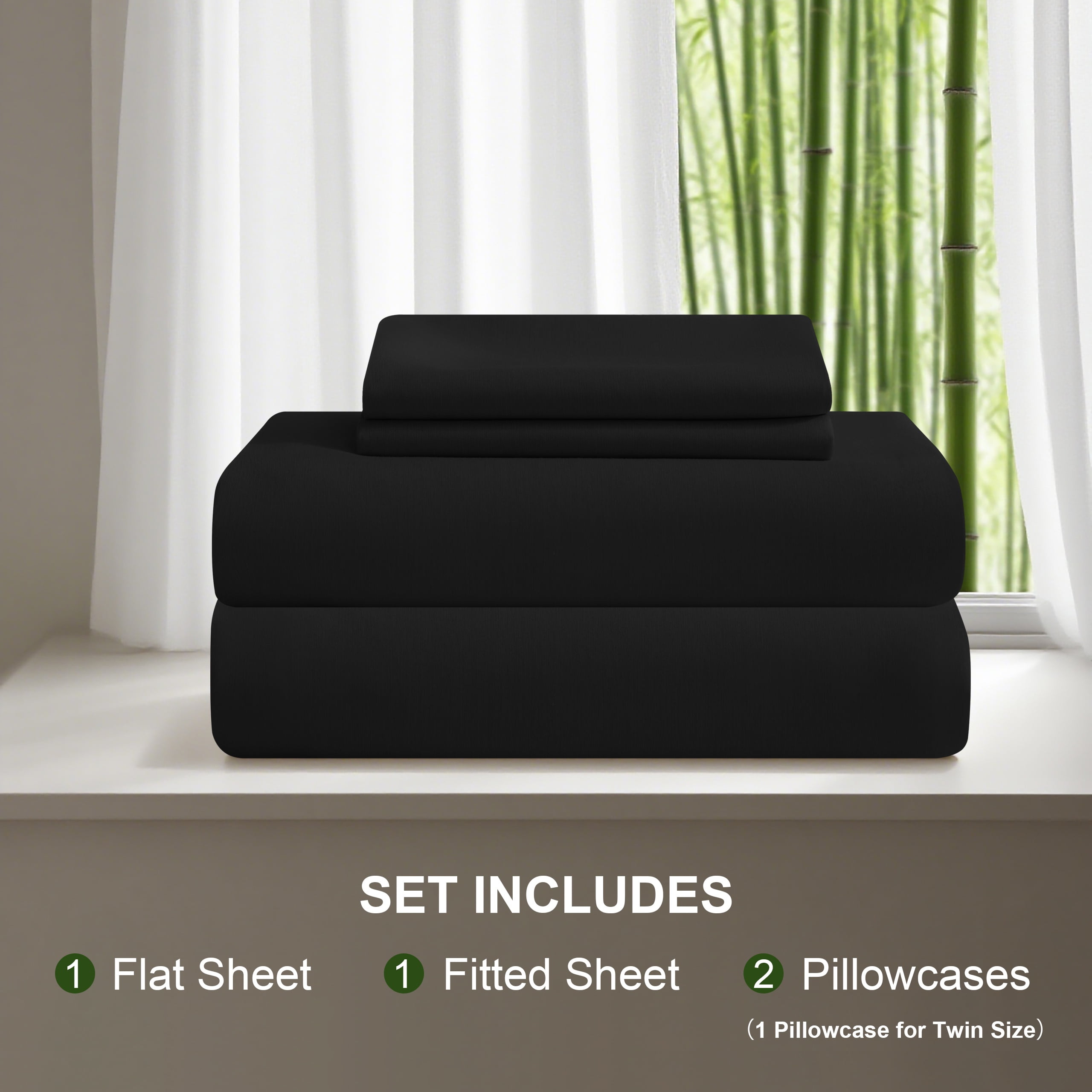 Ultra Soft Bamboo Sheet Set of 3, Durable and Cooling Bamboo Fiber Bed Sheet Set, Twin, 1 Flat Sheet +1 Fitted Sheet +1 Pillowcases, Black