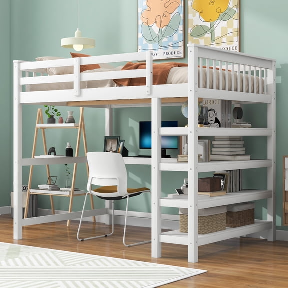 CoSoTower Full Size Loft Bed with Storage Shelves and Under-Bed Desk, White